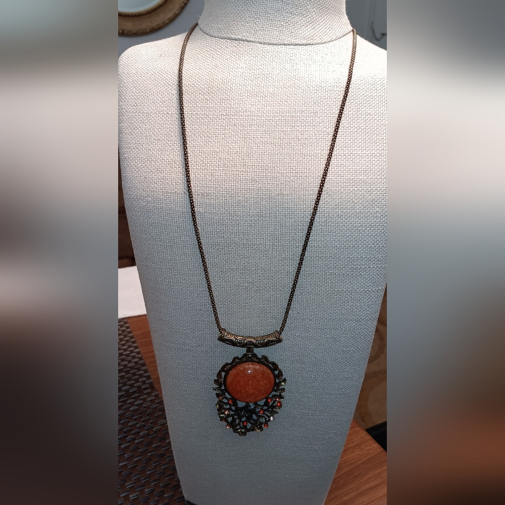 Beautiful Orange Abstract in a Large Goldtone Vintage Necklace 26" long